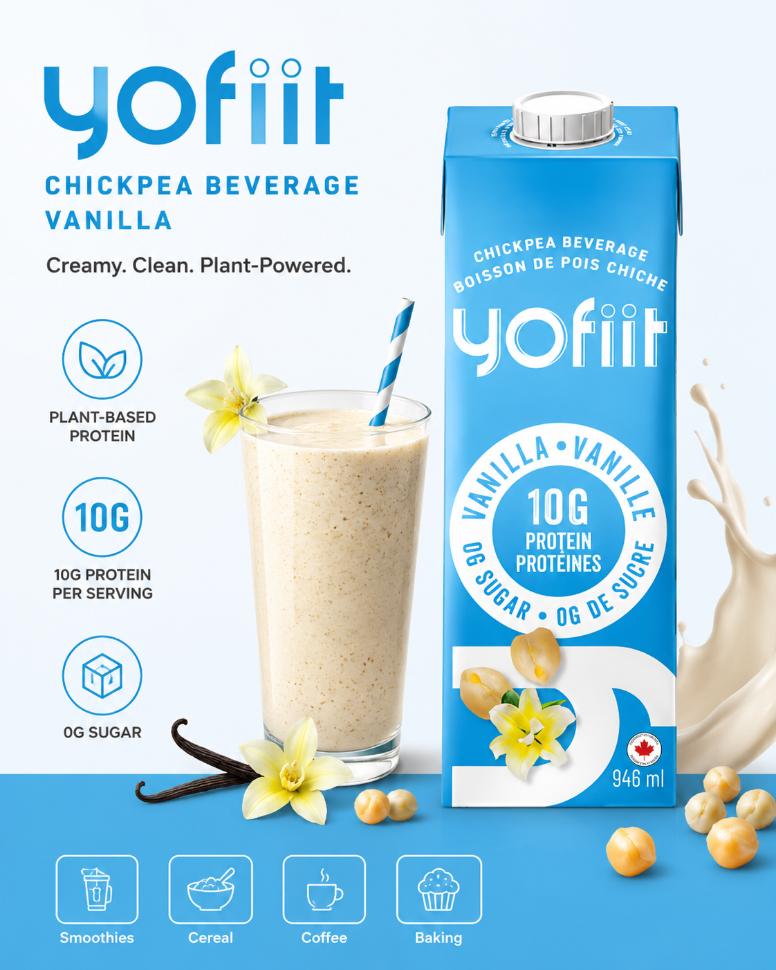 Yofiit – High protein chickpea milk w. flax (vanilla unsweetened) - 12 cartons